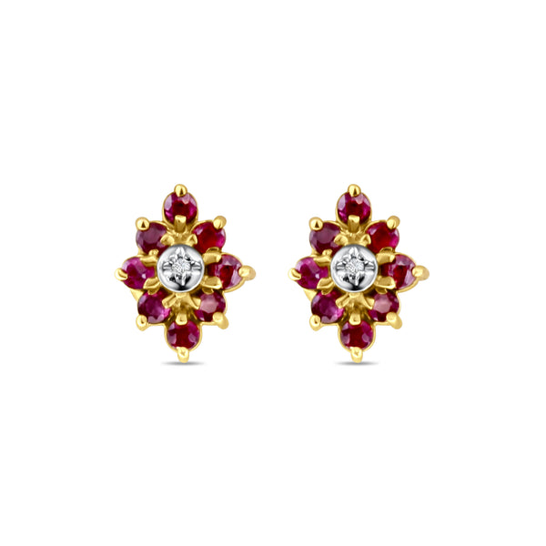 Ruby Cluster Vintage Style Earrings 10k Yellow Gold