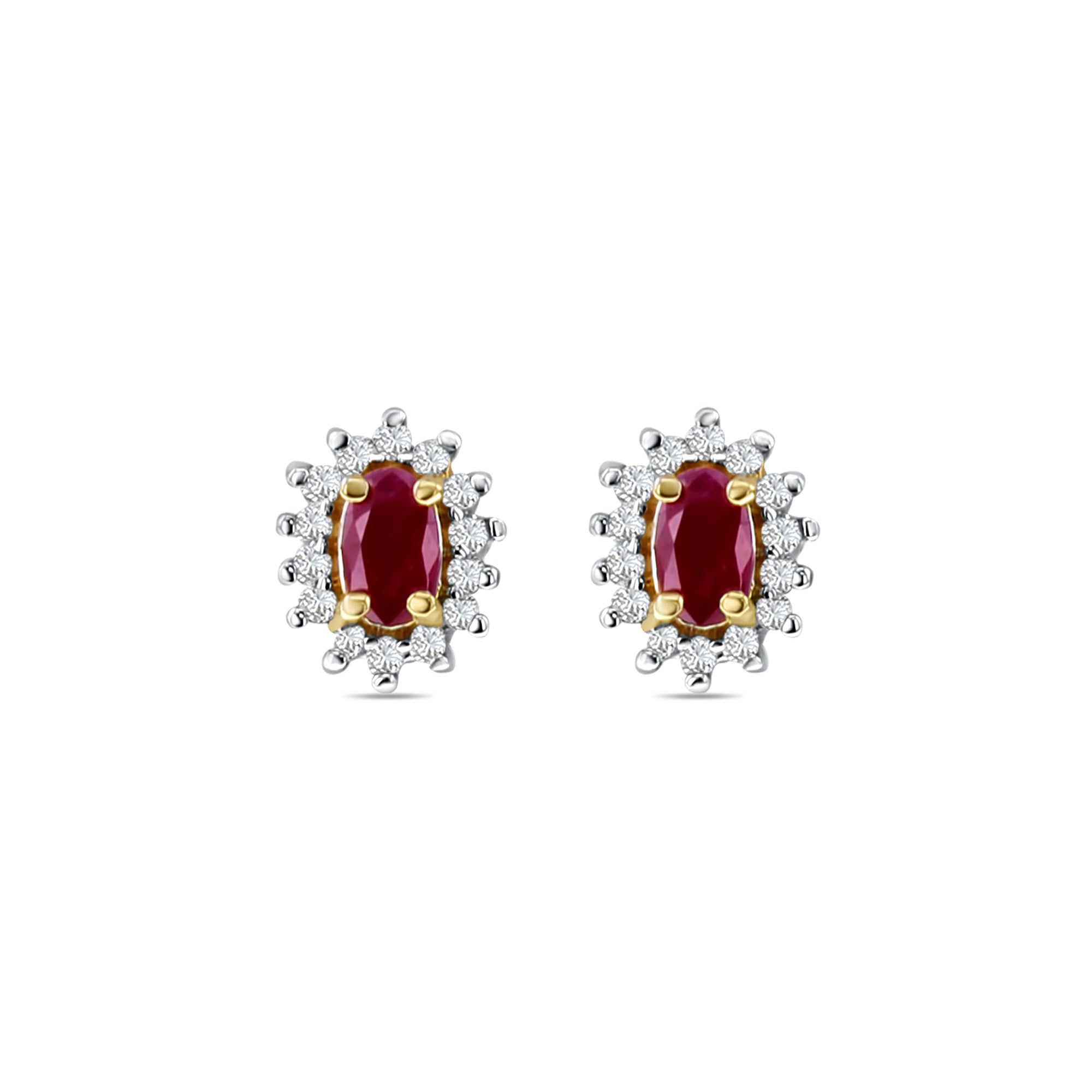 Clous d'oreilles ovales en or jaune 14 carats avec halo de rubis et de diamants