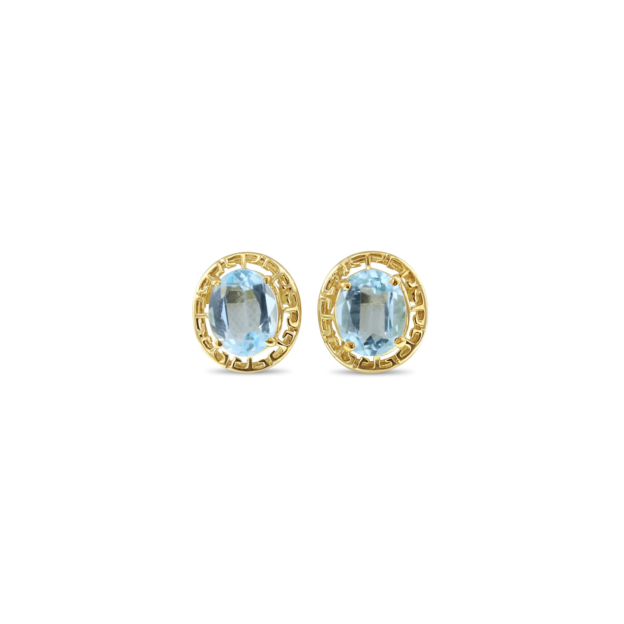 Pendientes de topacio azul ovalado con marco de bisel griego de oro amarillo de 14 k