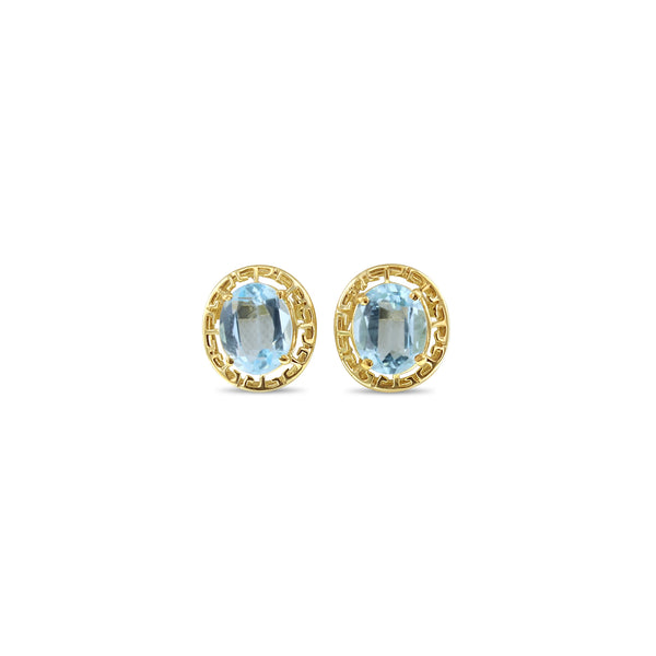 Oval Blue Topaz Earrings with 14k Yellow Gold Greek Bezel Frame