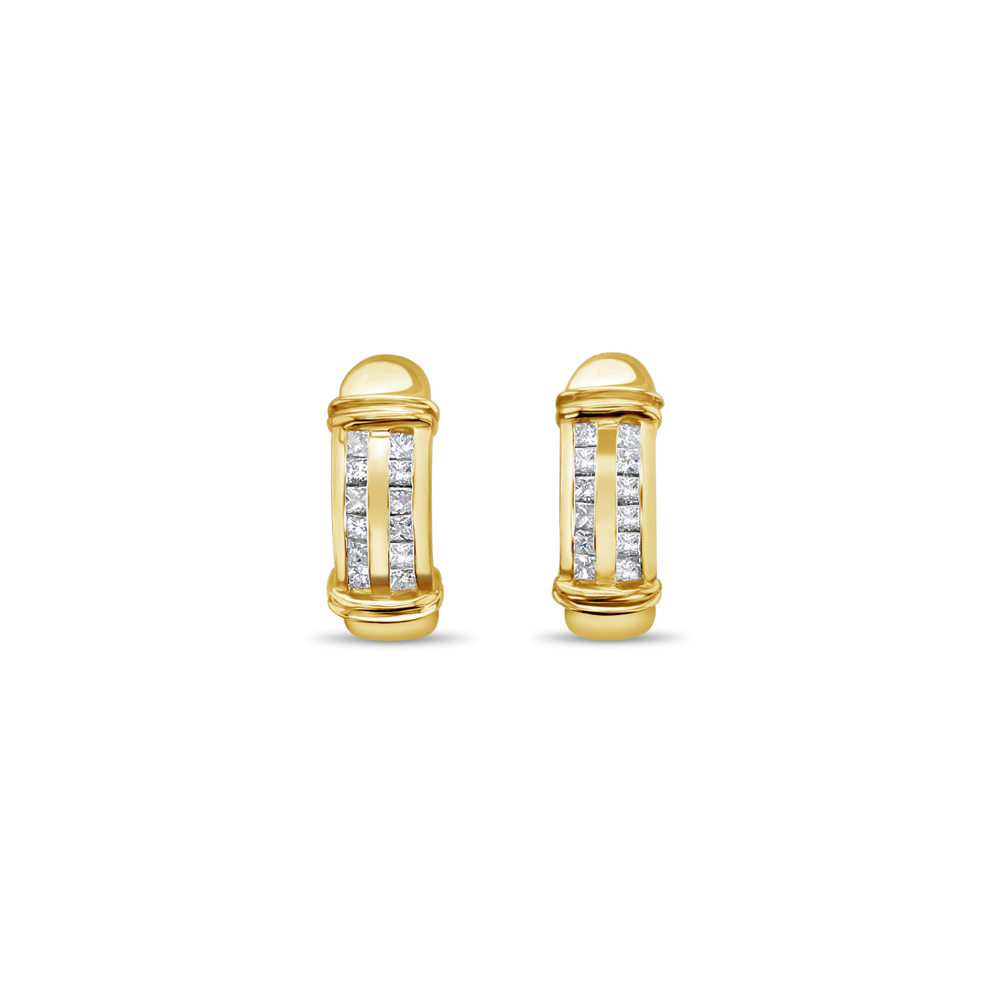 Pendientes de canal con corte princesa, 0,85 ct, oro amarillo de 14 k