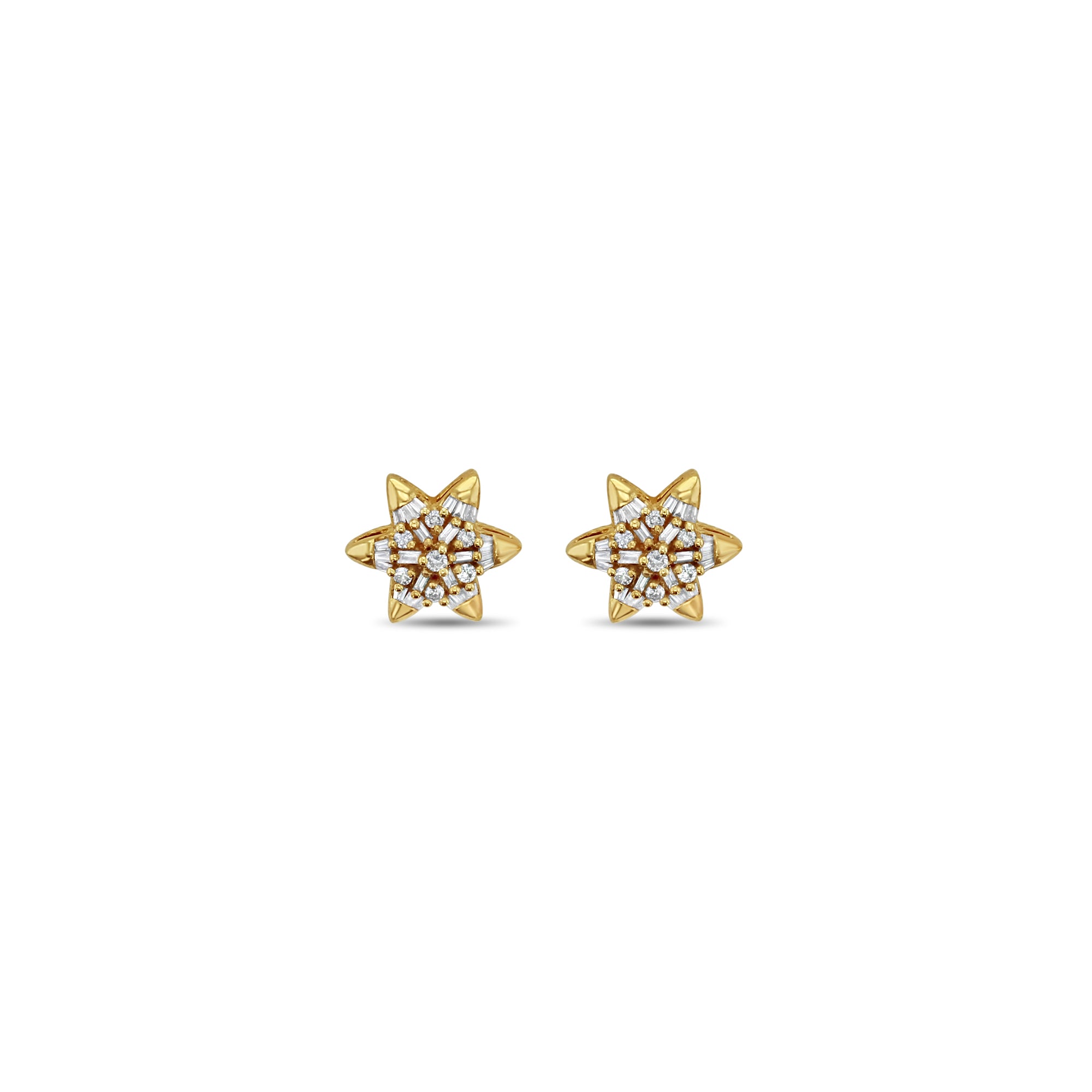 Boucles d'oreilles en forme d'étoile avec diamants baguette 0,77 ct en or jaune 14 carats