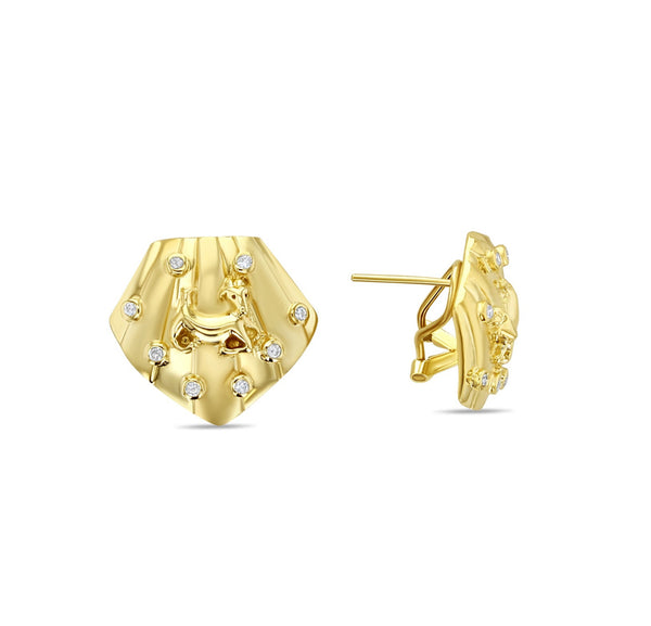 Seashell Shaped Earrings with Dog Design .32ttw 14k Yellow Gold
