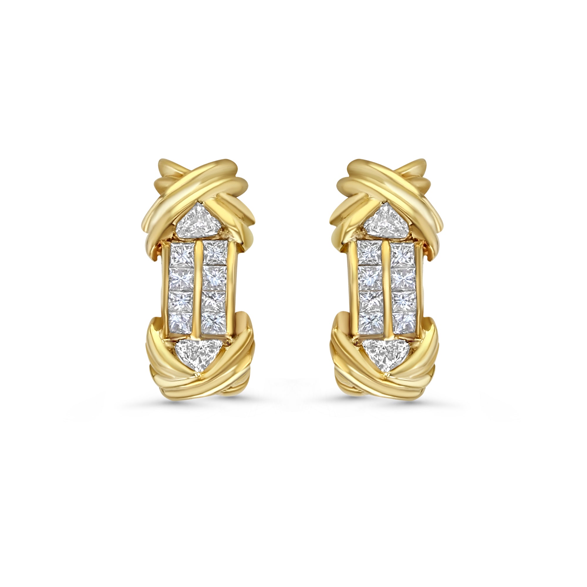 Double 'X' Princess & Trillion Cut Diamond Earrings 14k Yellow Gold