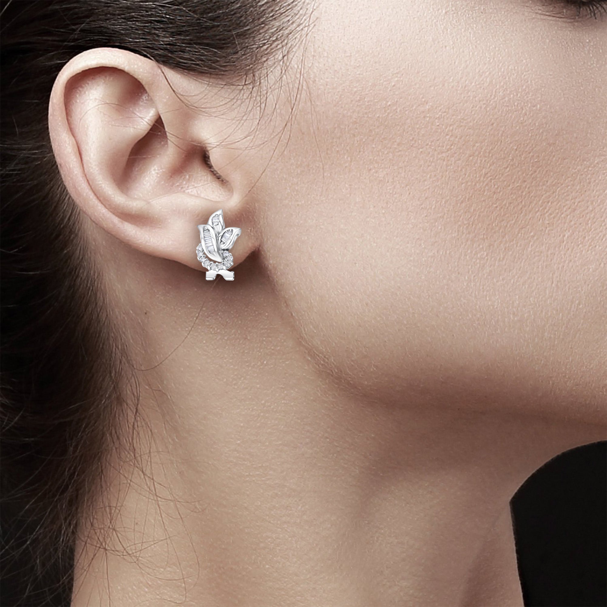 Baguette Diamond Leaf Shaped Lever Back Earrings