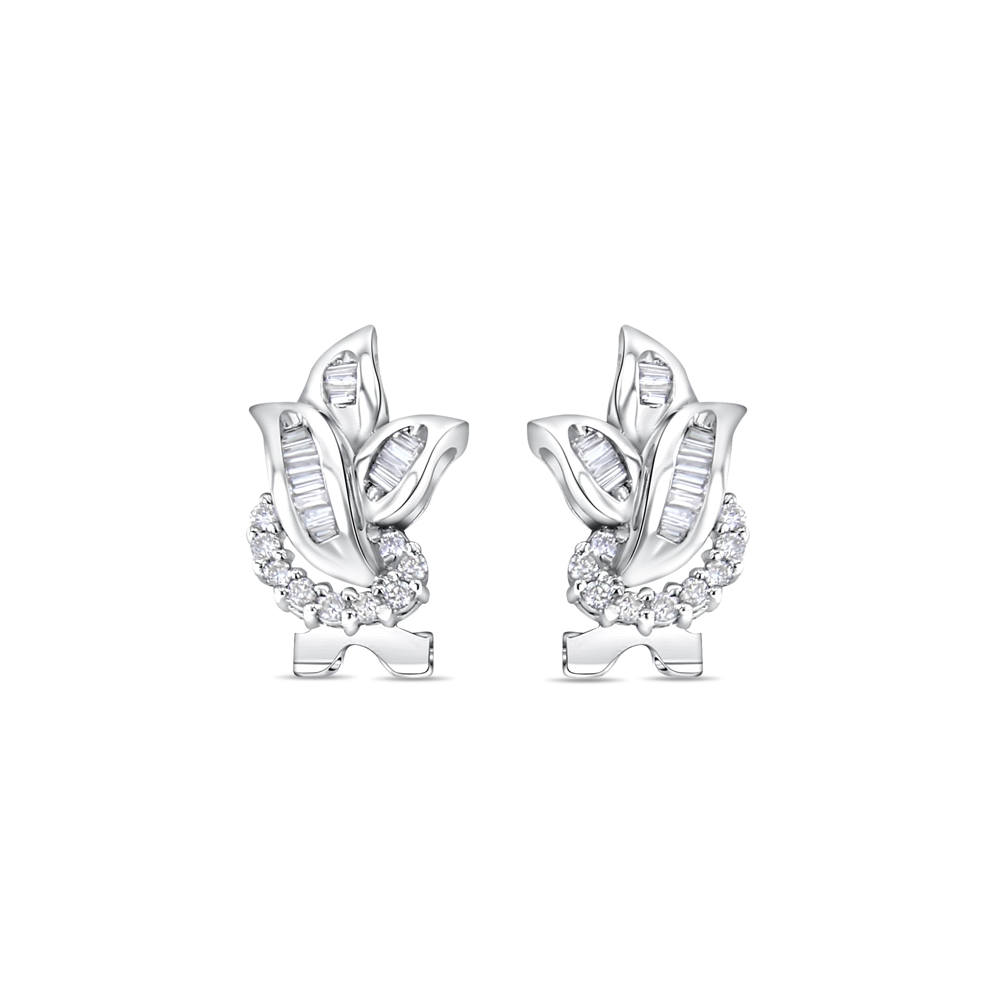 Baguette Diamond Leaf Shaped Lever Back Earrings .74cttw 14k White Gold 