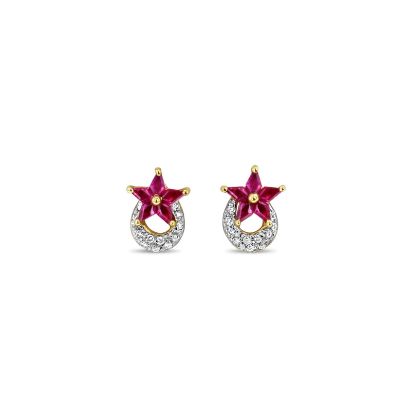 Briolette Ruby Star Shaped & Diamond Pave Crescent Studs 1.04cttw 14k Yellow Gold 