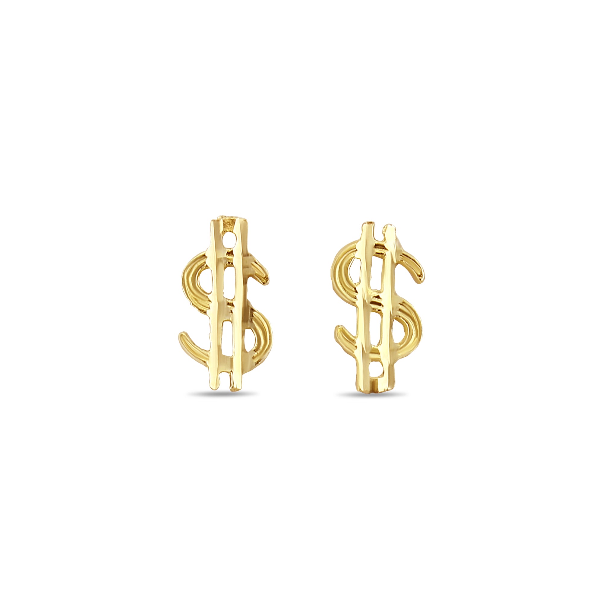 Money Sign/Dollar Sign Gold Studs with Diamond Cuts 14k Yellow Gold