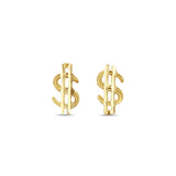 Money Sign/Dollar Sign Gold Studs with Diamond Cuts 14k Yellow Gold