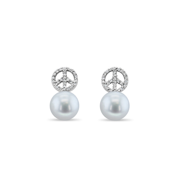 Peace Sign Dangling Pave Diamond & Freshwater Pearl Earrings