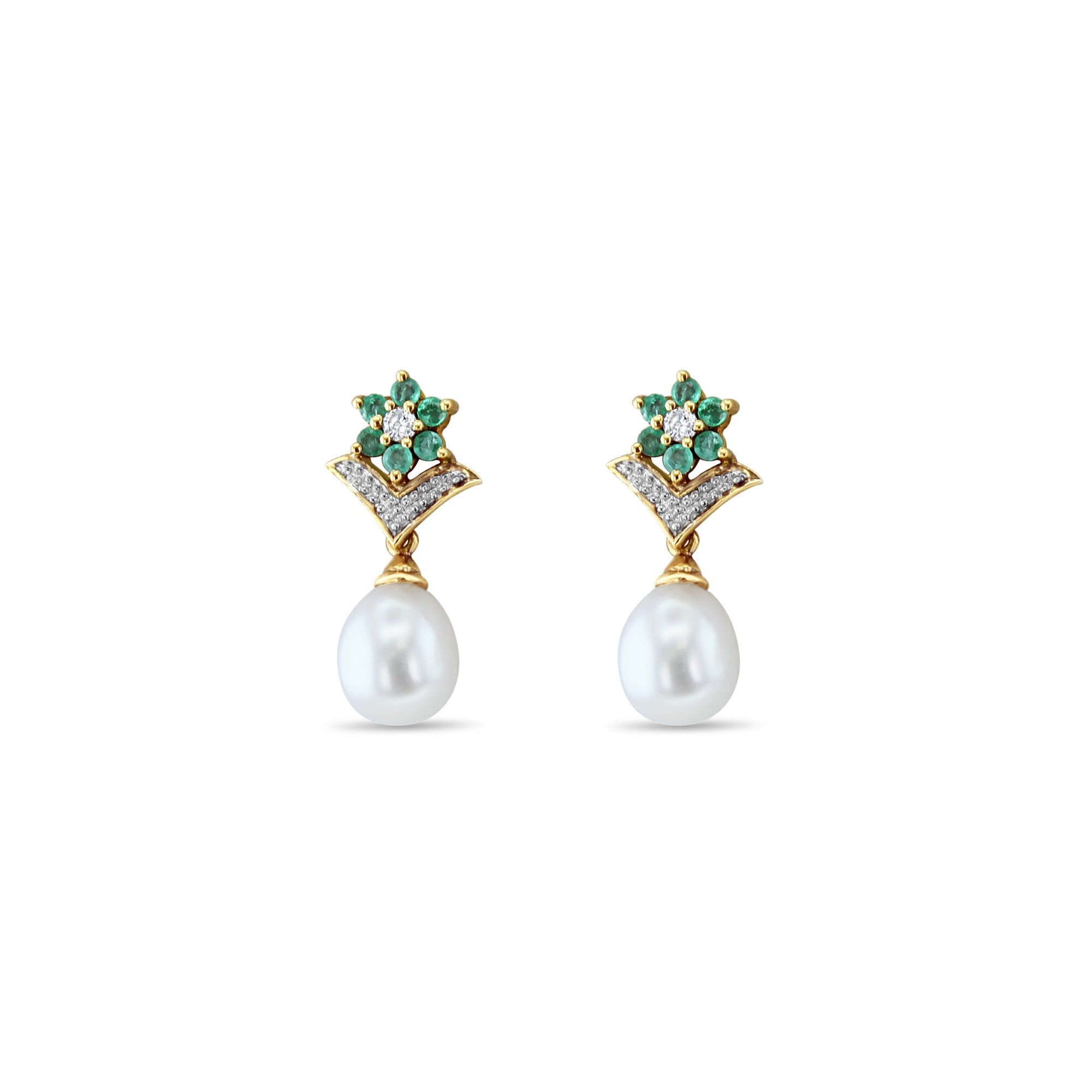 Emerald Flower Shaped & Pearl Dangling Drop Earrings