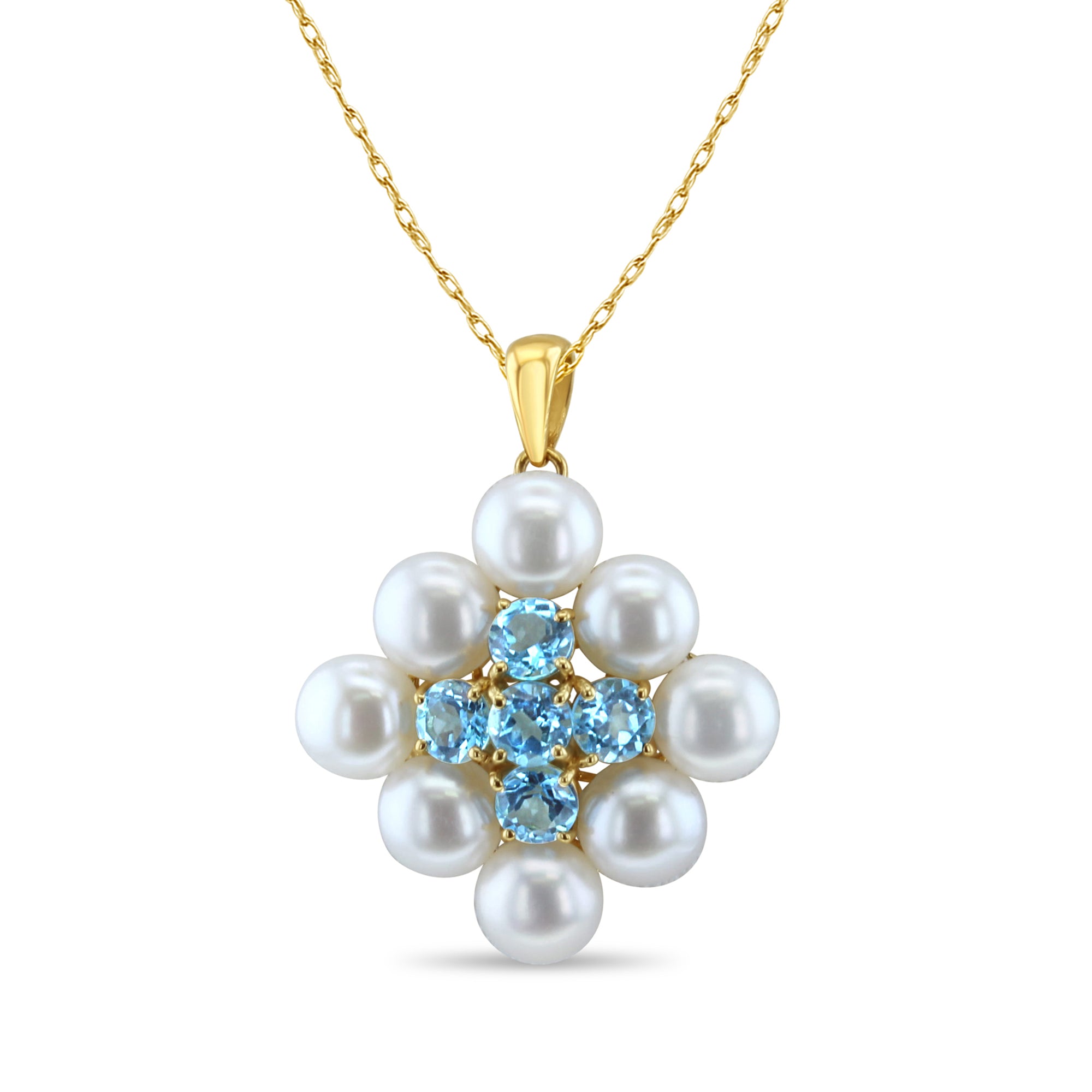 Blue Topaz & Freshwater Pearl Necklace 14k Yellow Gold