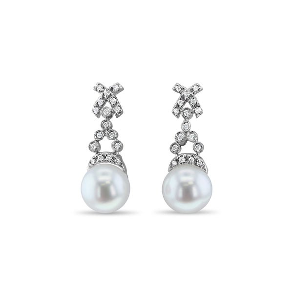 'X' Pearl & Diamond Pave Earrings 14k White Gold