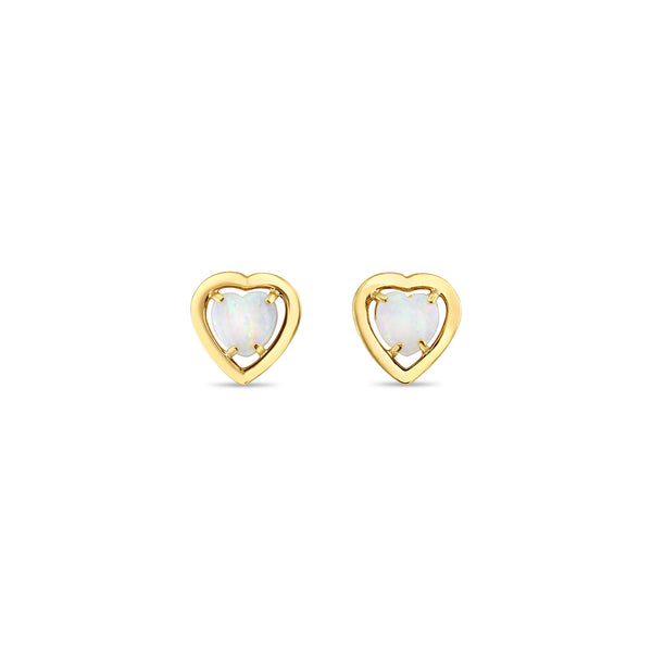 Heart Shaped Opal Studs with Polished Gold Frame 14k Yellow Gold
