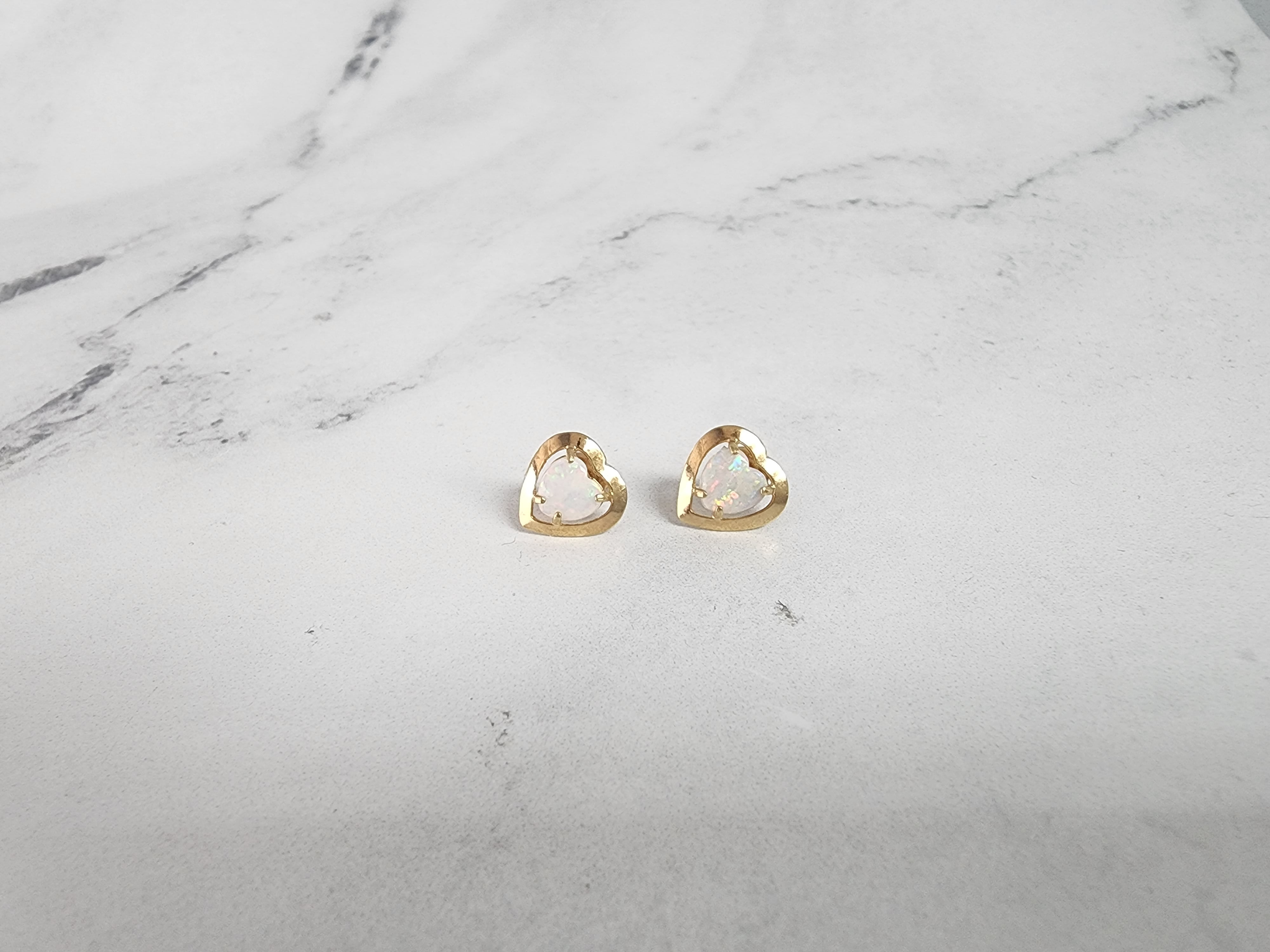 Heart Shaped Opal Studs with Polished Gold Frame 14k Yellow Gold