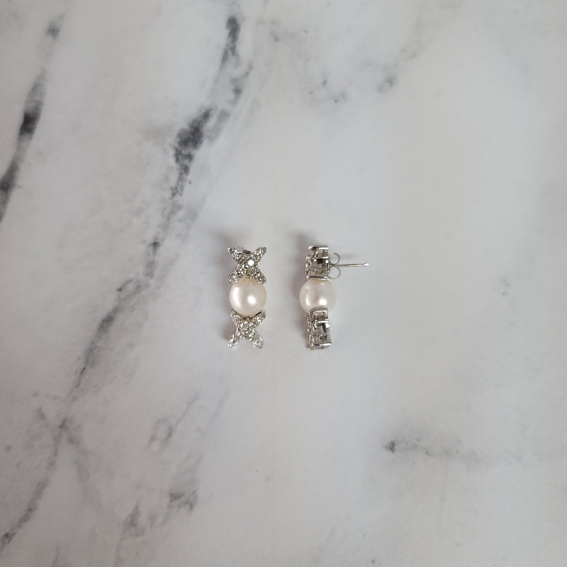 Freshwater Pearl Diamond Drop XOXO Earrings .75cttw 14k White Gold