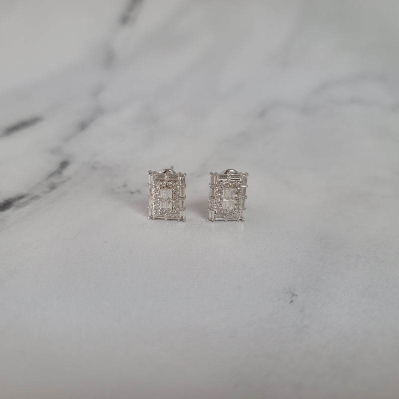 Rectangle Round & Baguette Diamond Cluster Earrings 2.92cttw 18k White Gold