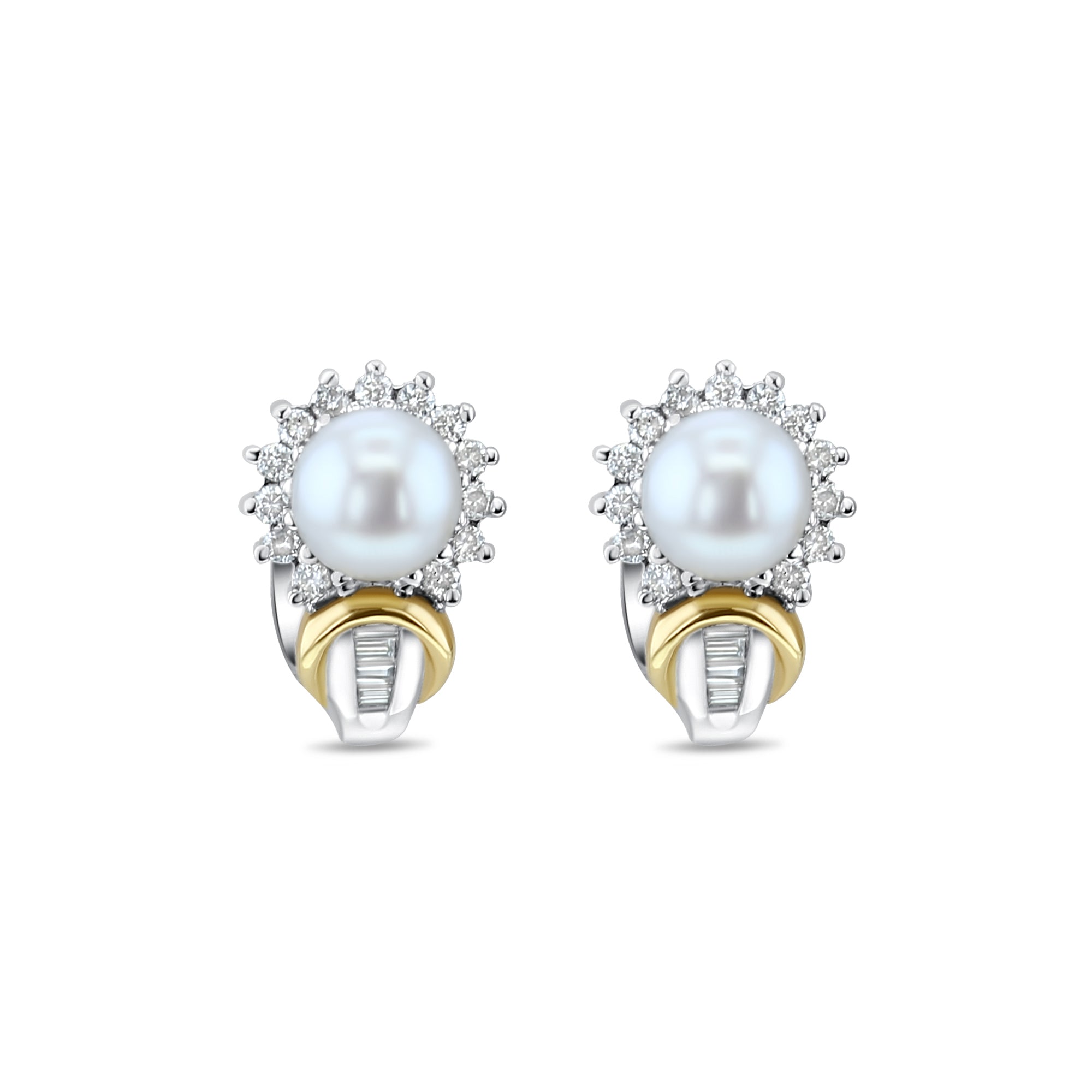 Pearl & Diamond Halo Earrings with Diamond Accents 14k Two-Toned Gold