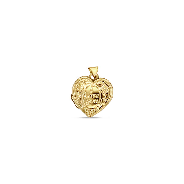 Heart Shaped Locket with I Love You & Flowers 14k Yellow Gold