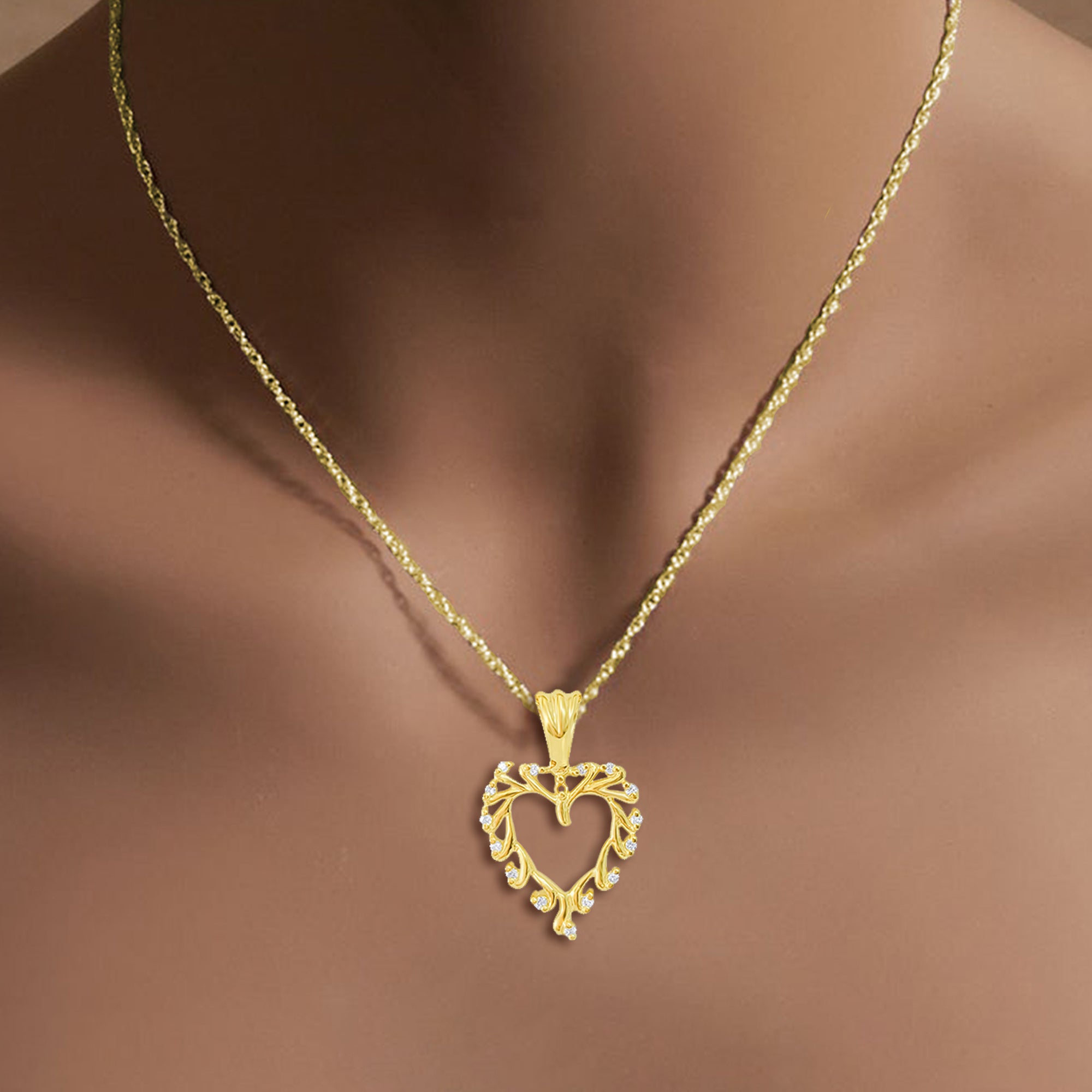 Heart Shaped Cutout Diamond Necklace with leaf design .18cttw 14k Yellow Gold