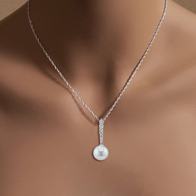 Vertical Drop Freshwater Pearl Diamond Necklace 10mm .30cttw 14k White Gold