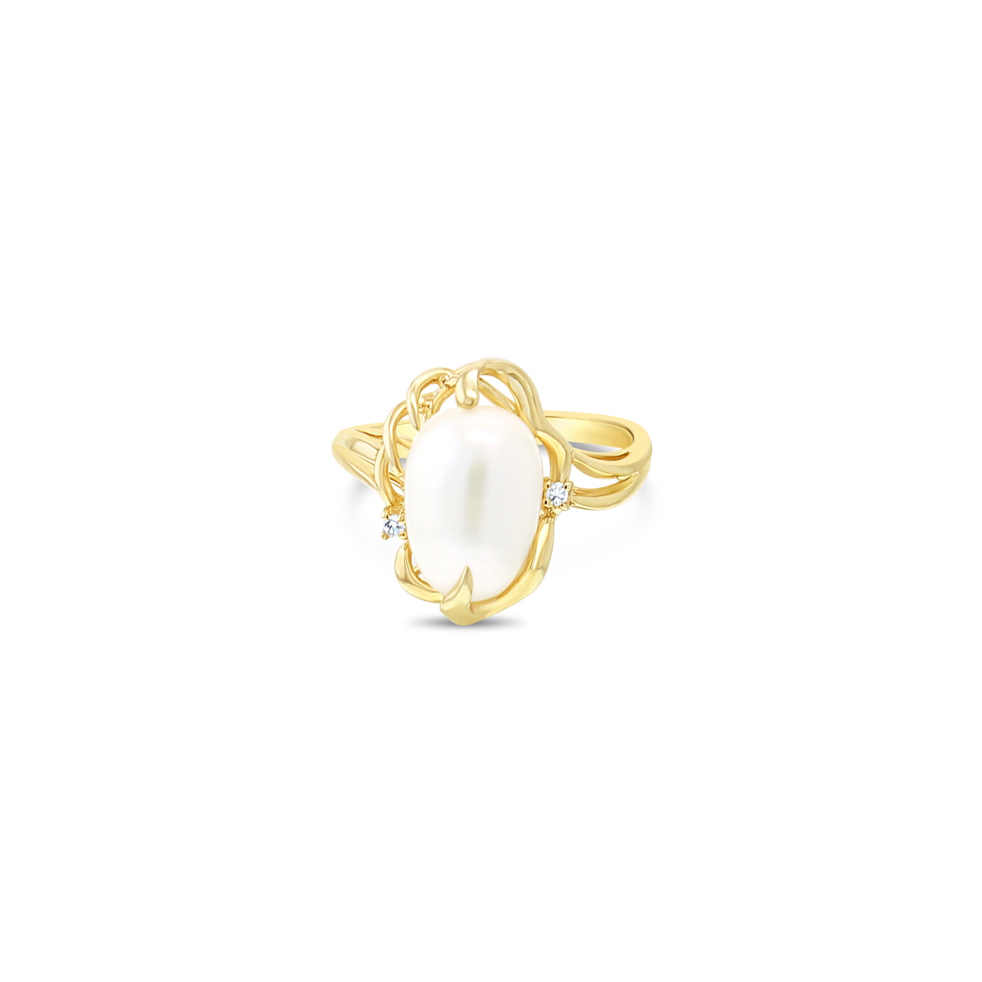 Egg Shaped Mother of Pearl Diamond Statement Ring 14k Yellow Gold