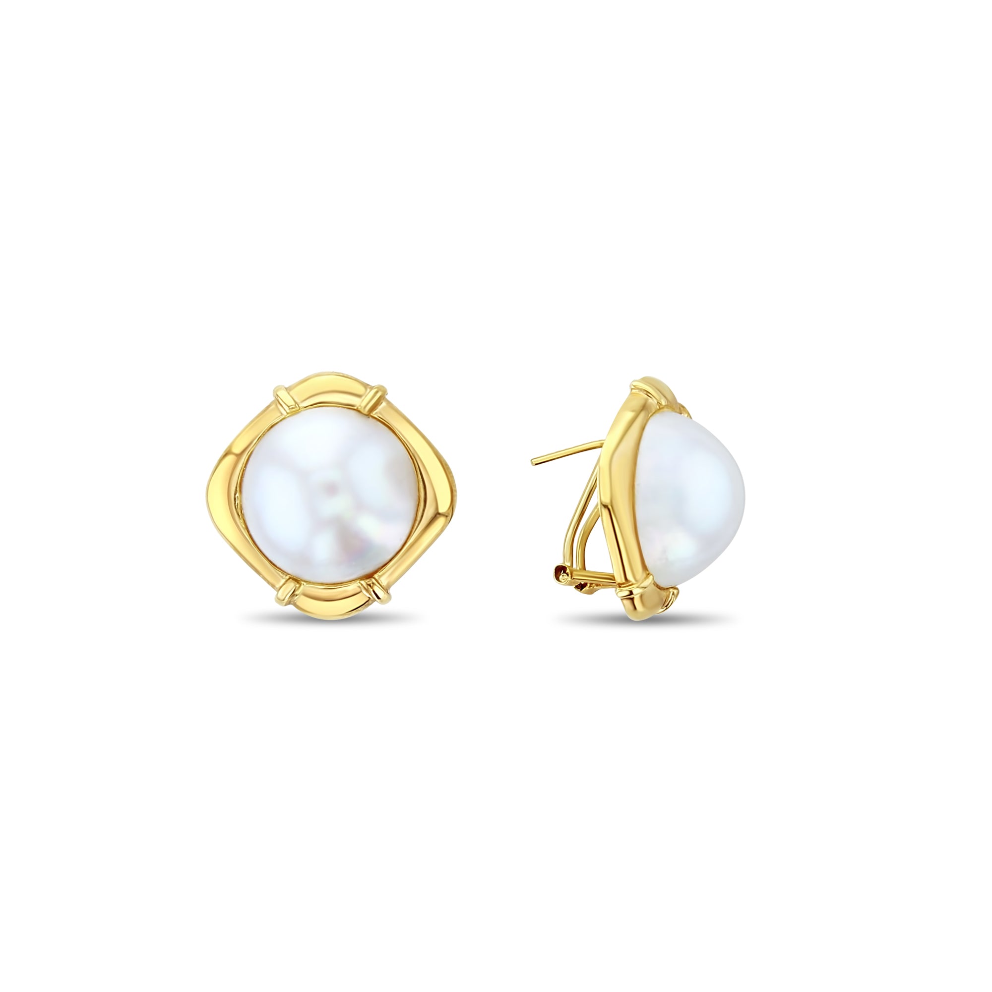 Boucles d'oreilles à clip Mabe Pearl Omega avec monture carrée en or