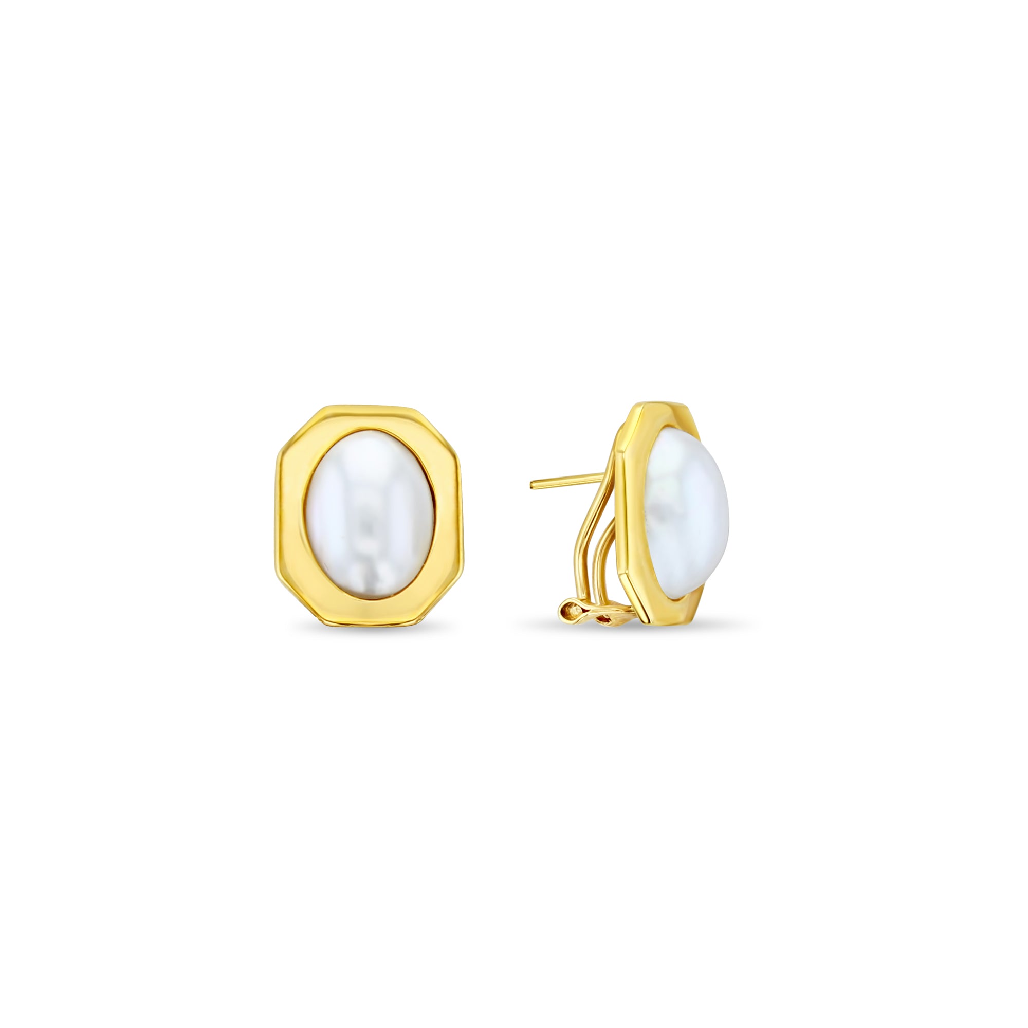 Oval Mabe Pearl Earrings with Polished Octagon Bezel