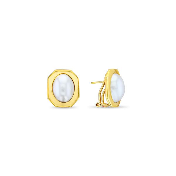 Oval Mabe Pearl Earrings with Polished Hexagon Bezel