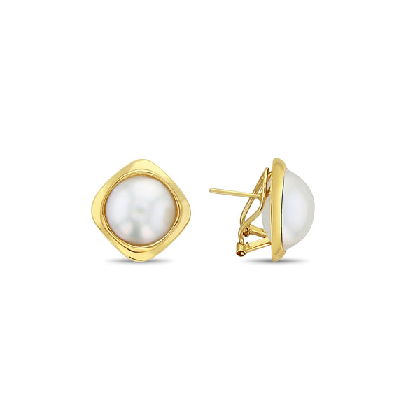 Round Mabe Pearl Omega Clip On Earrings with Square Gold Polished setting 14k Yellow Gold