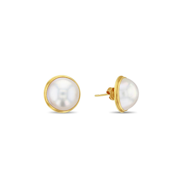 Round Mabe Pearl Studs with Polished Gold setting 14k Yellow Gold