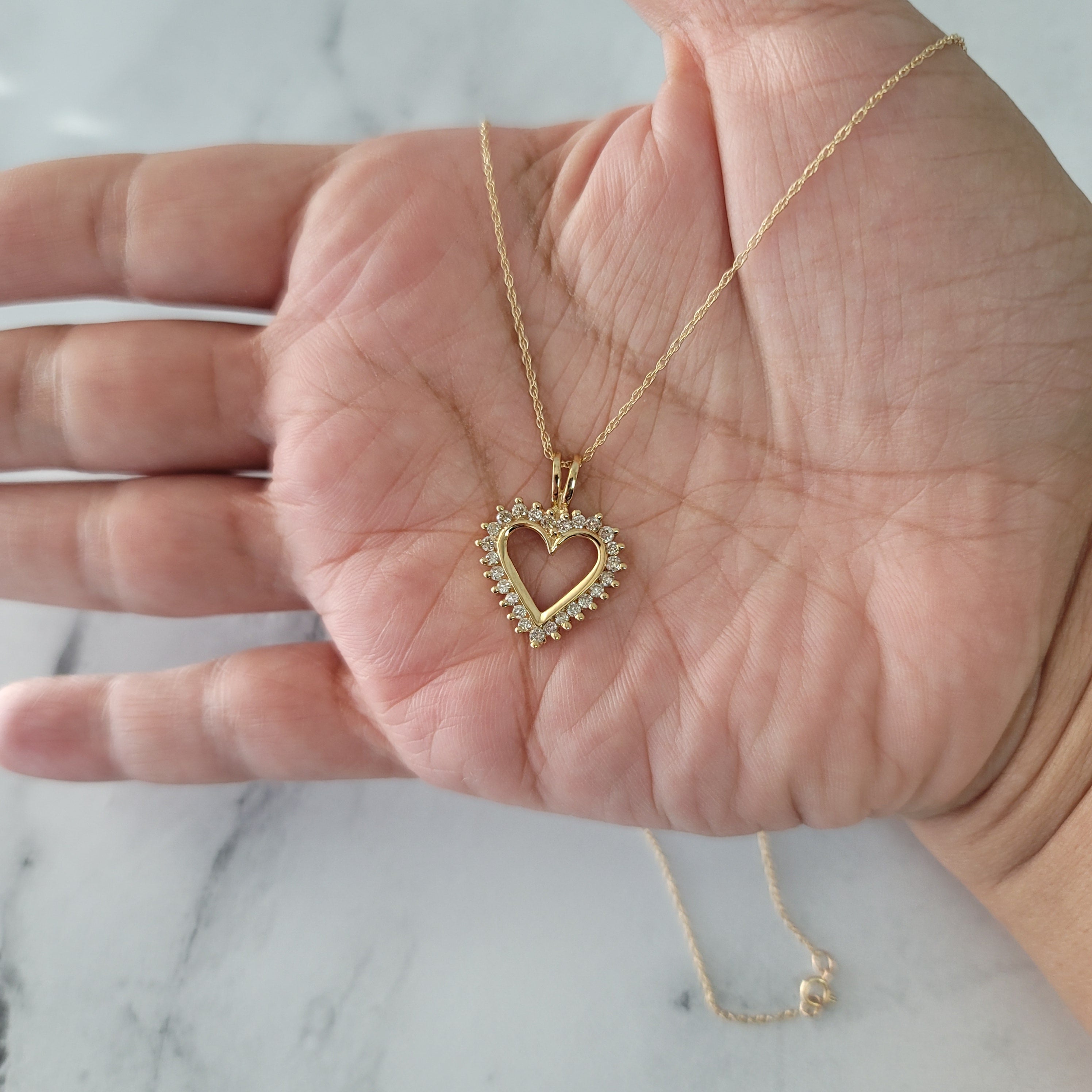 Half Carat Diamond Cutout Heart Necklace .50cttw 14k Yellow Gold