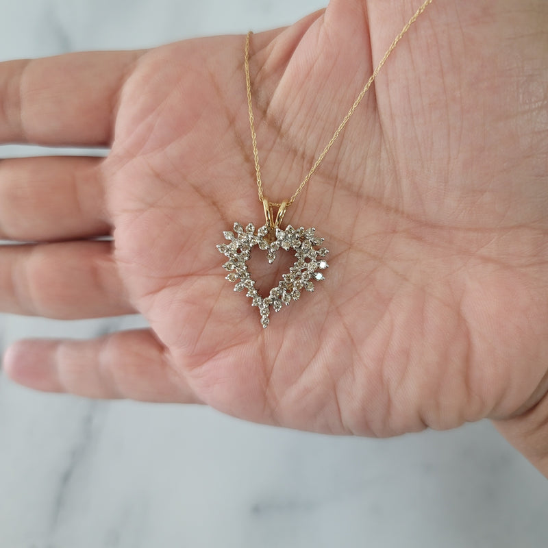Half Carat Heart Shaped Cluster Diamond Necklace 10k Two-Toned Gold