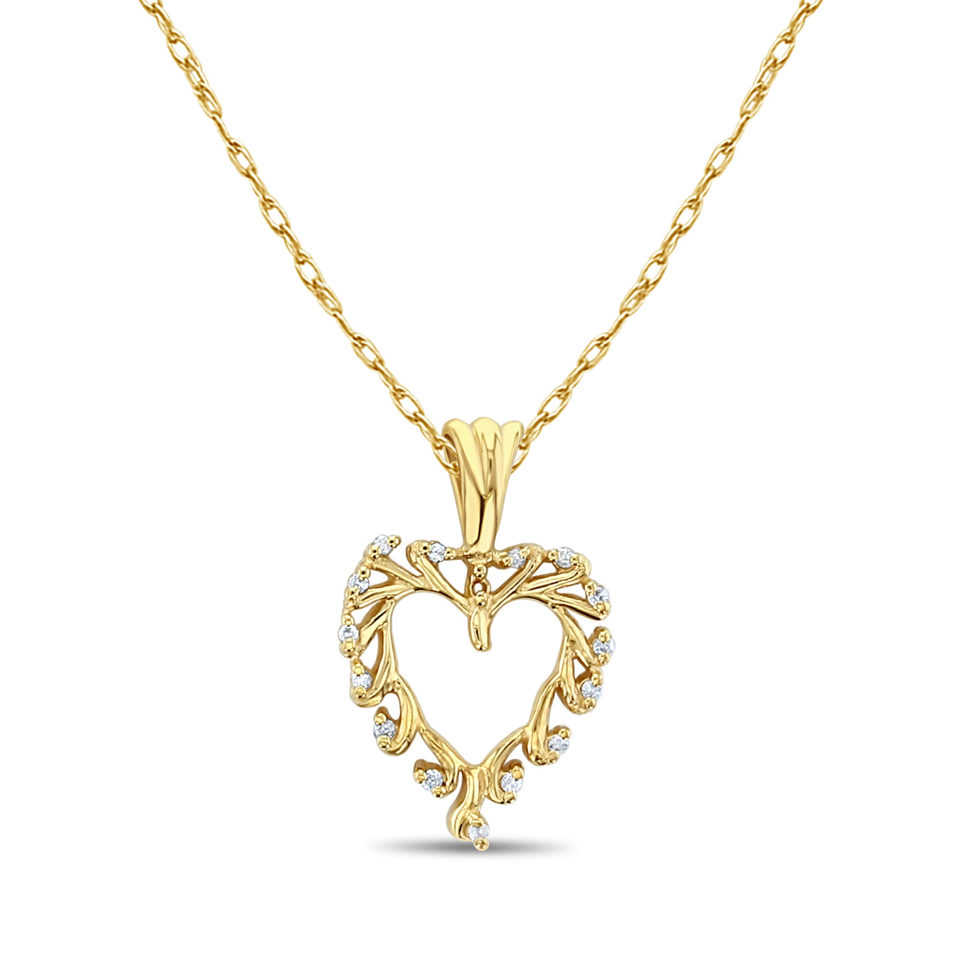 Heart Shaped Cutout Diamond Necklace with leaf design .18cttw 14k Yellow Gold