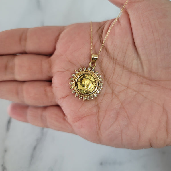 Panda .999 Gold Diamond Halo Necklace .50cttw 14k Yellow Gold