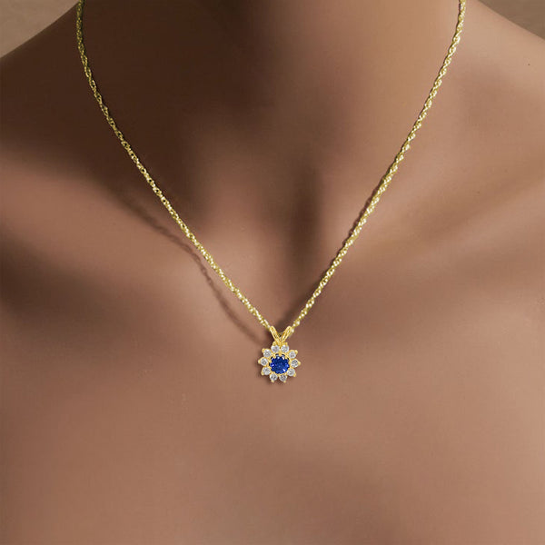 Sapphire Diamond Halo Necklace .85cttw 14k Yellow Gold