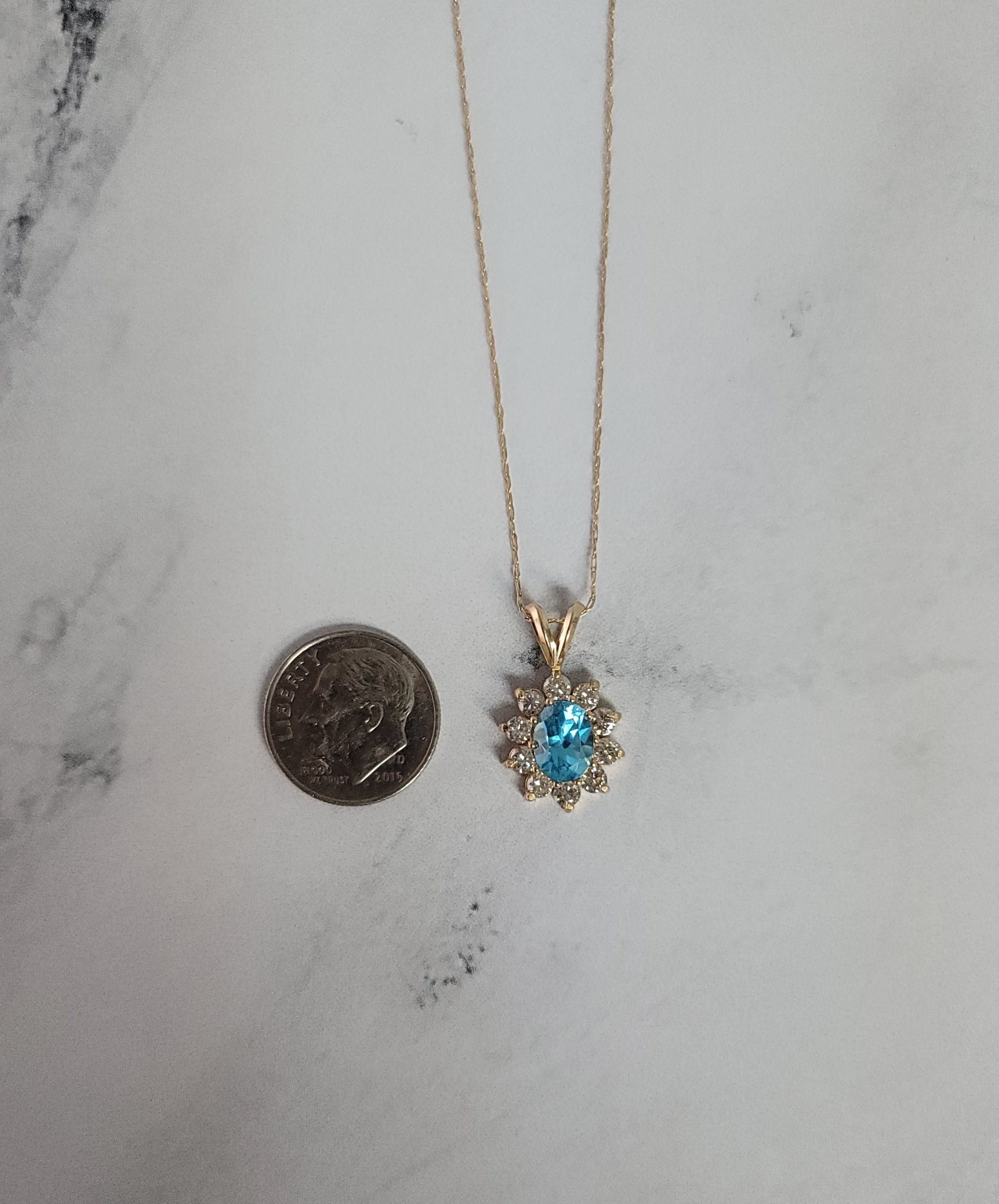 Oval Blue Topaz Diamond Halo Necklace 1.75cttw 14k Yellow Gold