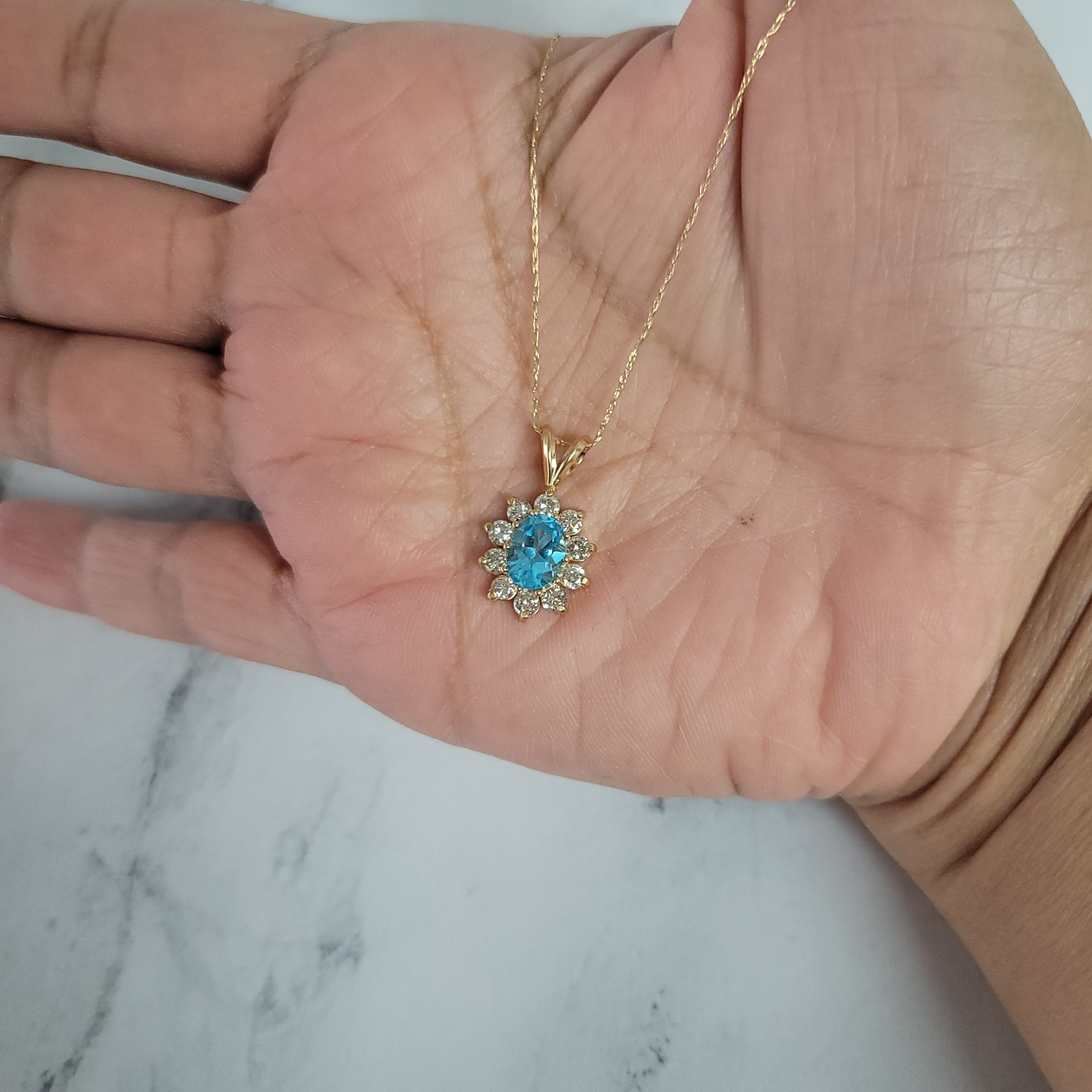 Oval Blue Topaz Diamond Halo Necklace 1.75cttw 14k Yellow Gold