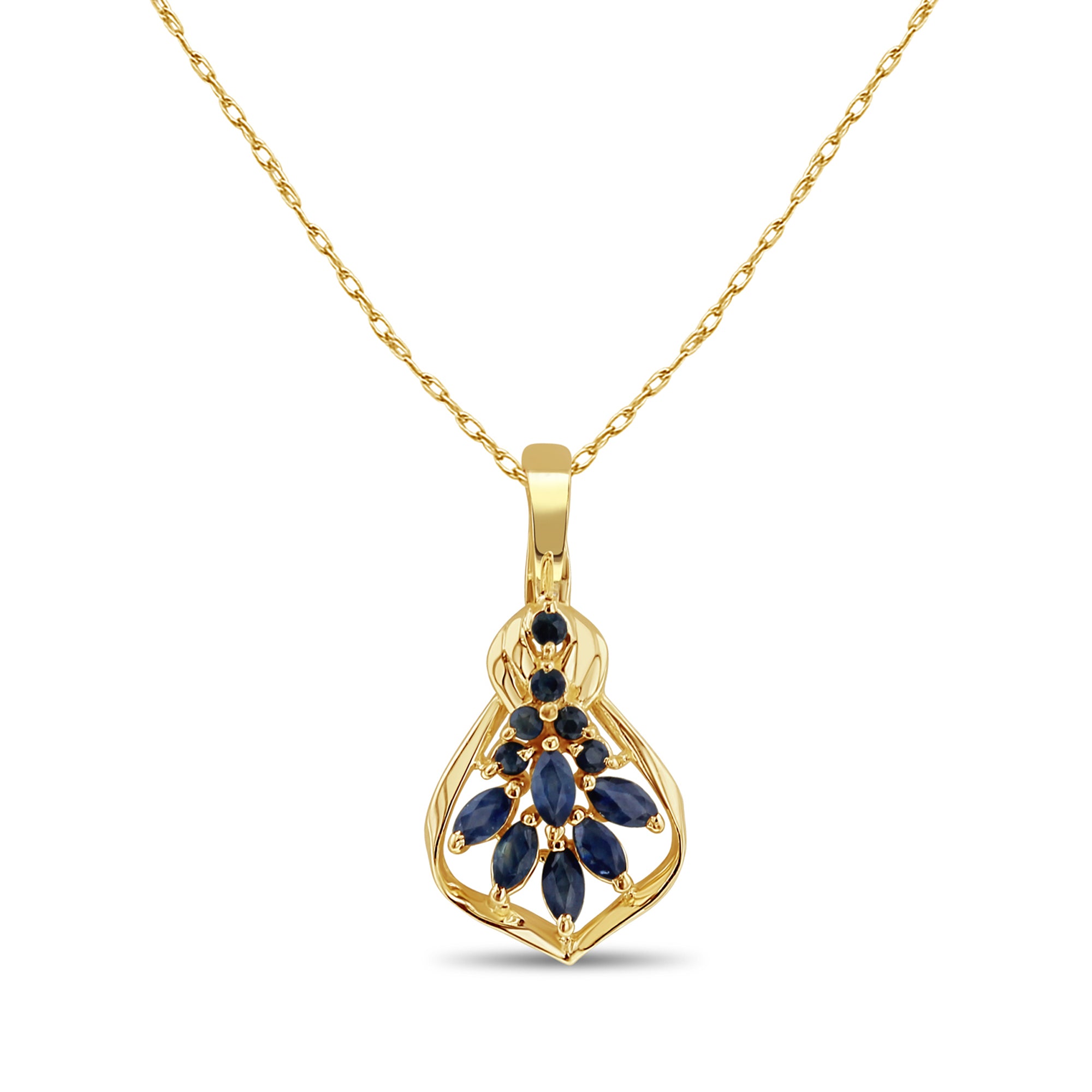 Sapphire Marquise Cluster Necklace with enhanced bail .75cttw 14k Yellow Gold