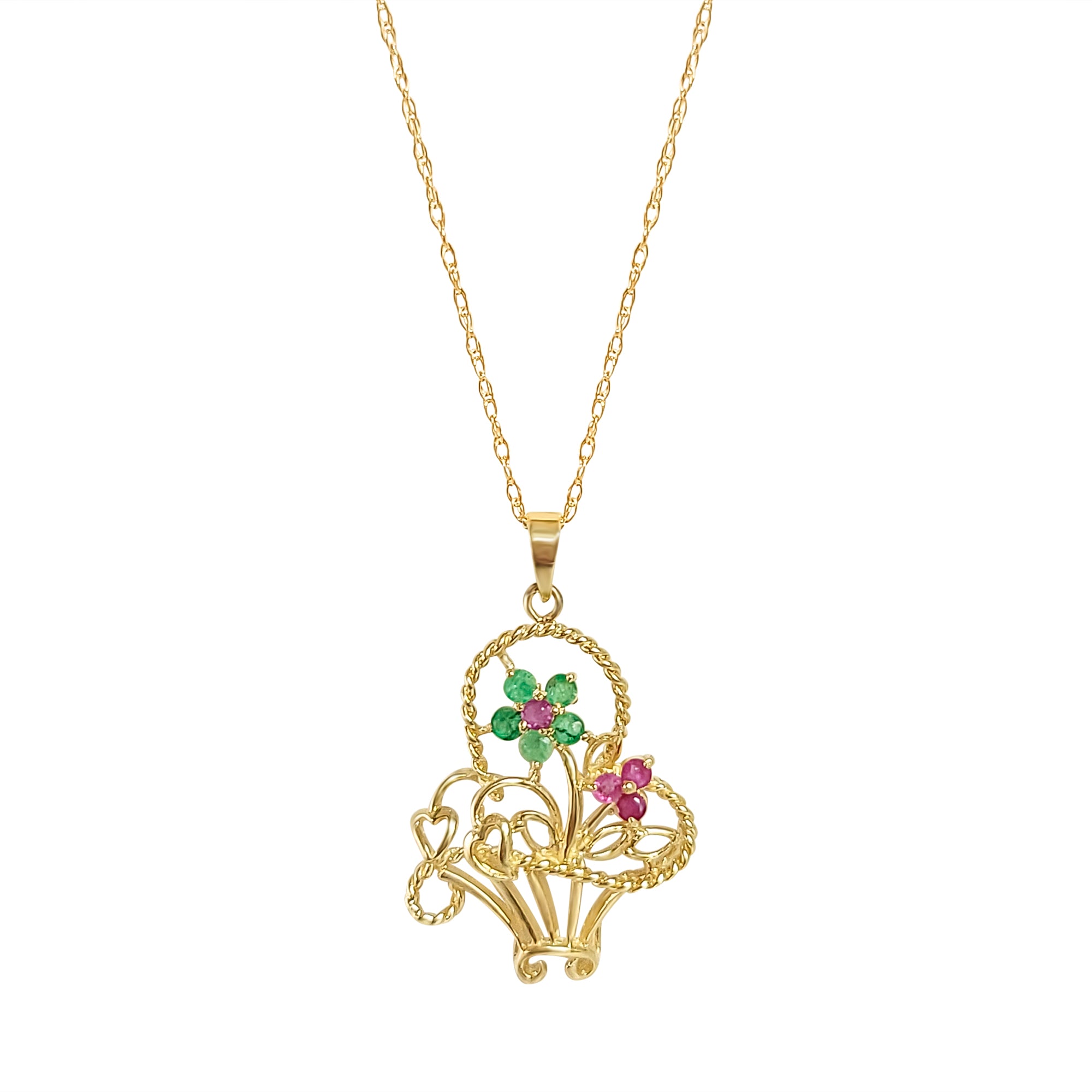 Collier panier de fleurs en émeraude et rubis