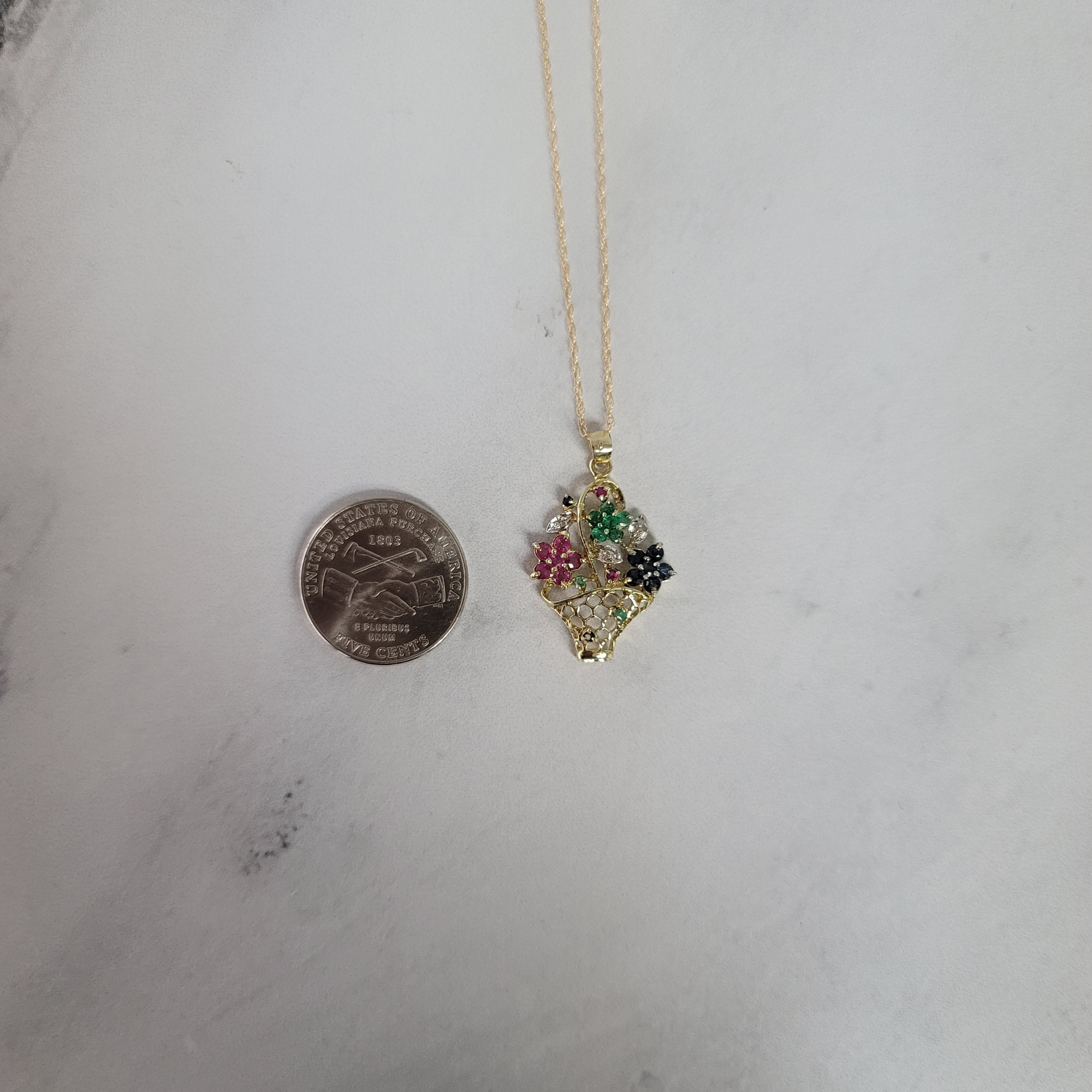 Flower Basked with Emerald, Sapphire & Ruby Flowers 1.00cttw 14k Yellow Gold