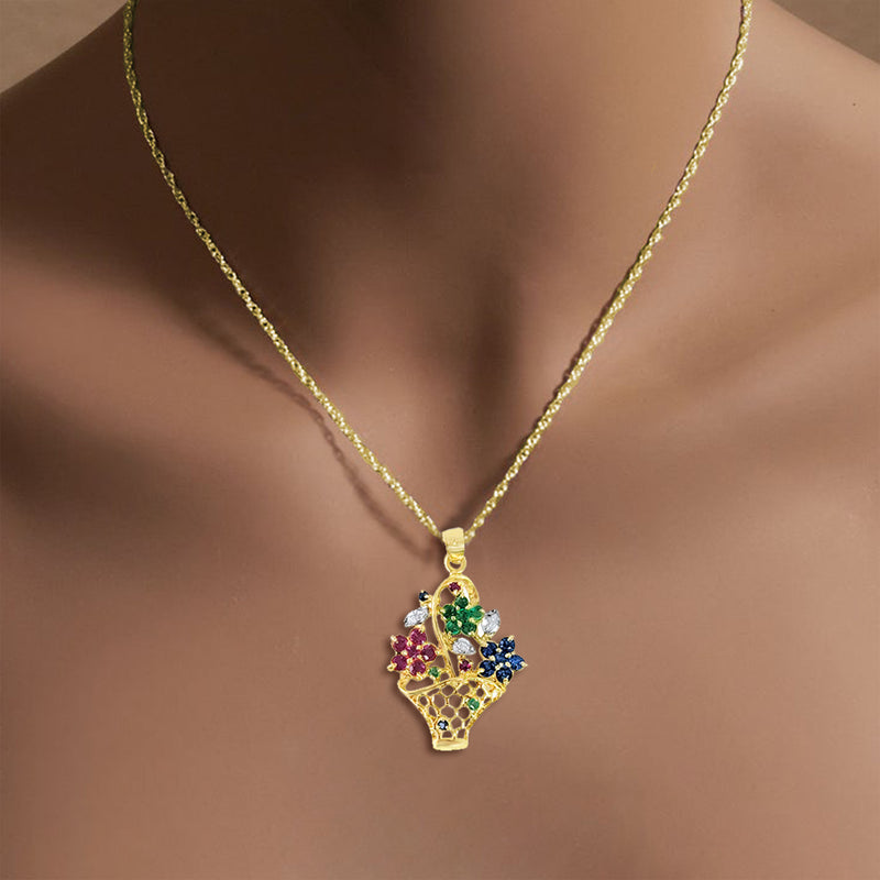 Flower Basked with Emerald, Sapphire & Ruby Flowers 1.00cttw 14k Yellow Gold