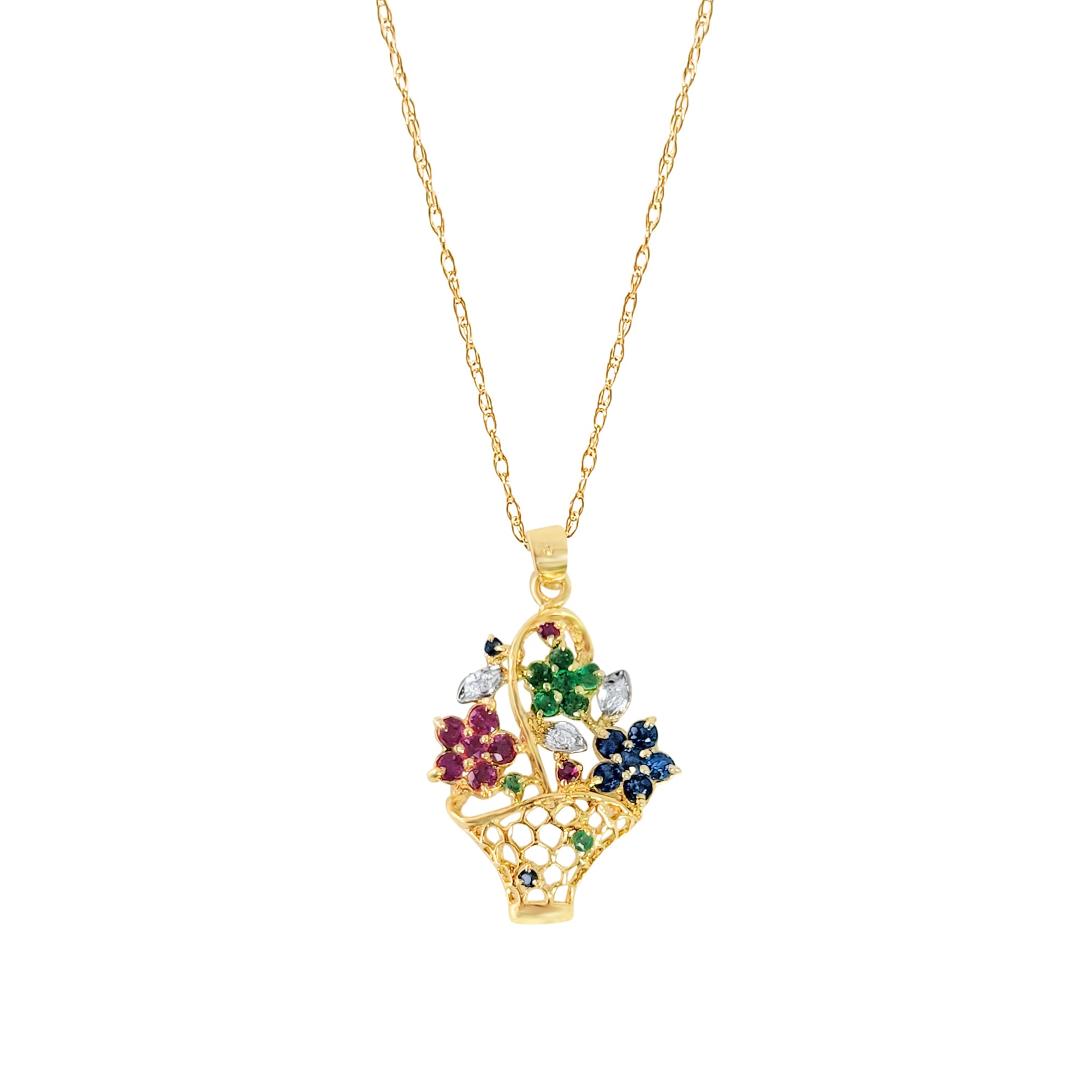 Flower Basked with Emerald, Sapphire & Ruby Flowers 1.00cttw 14k Yellow Gold