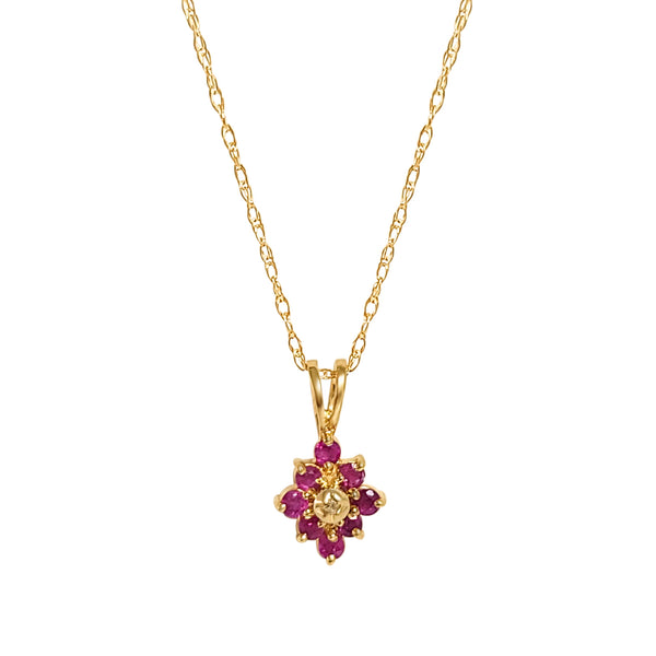 Ruby Cluster Vintage Style Necklace 10k Yellow Gold