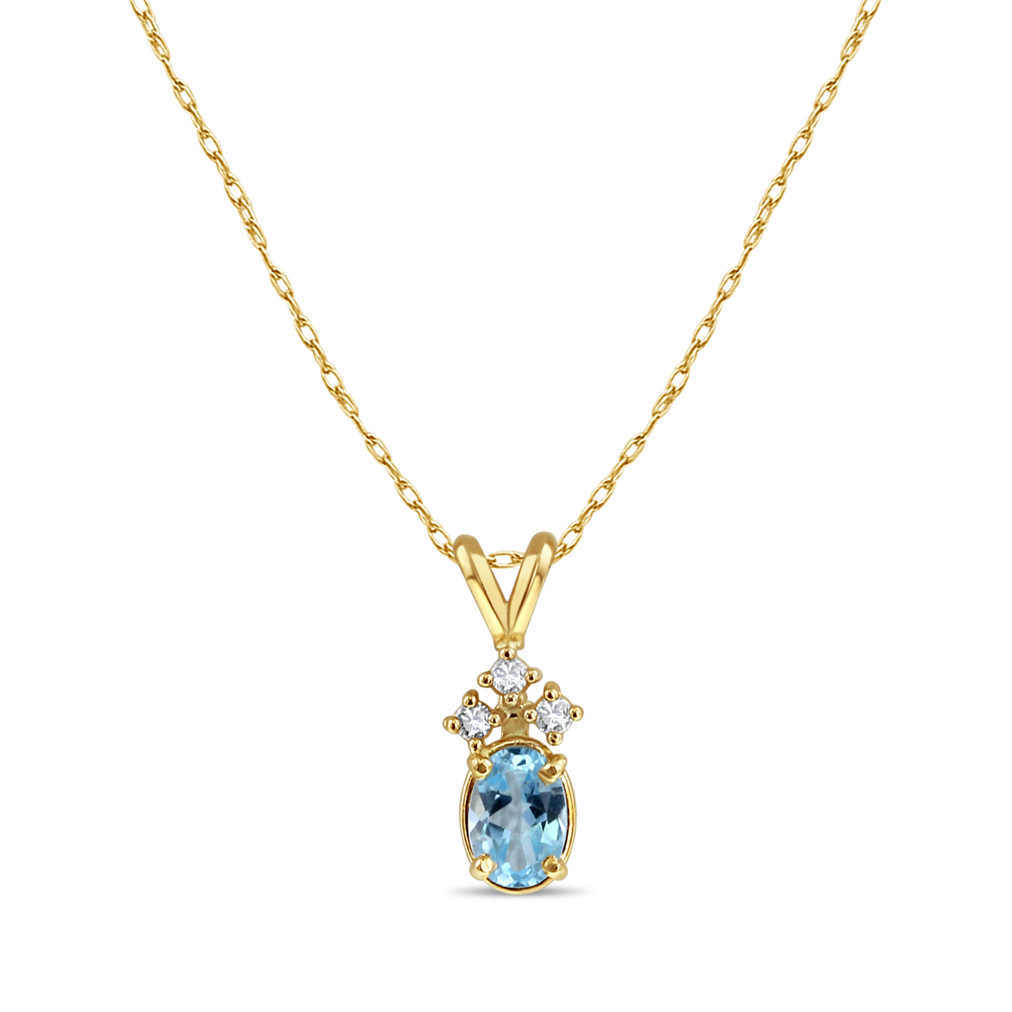 Collier en or jaune 14 carats avec topaze bleue ovale et trois petits diamants