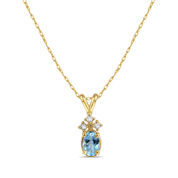 Oval Blue Topaz & Three Small Diamonds Necklace 14k Yellow Gold