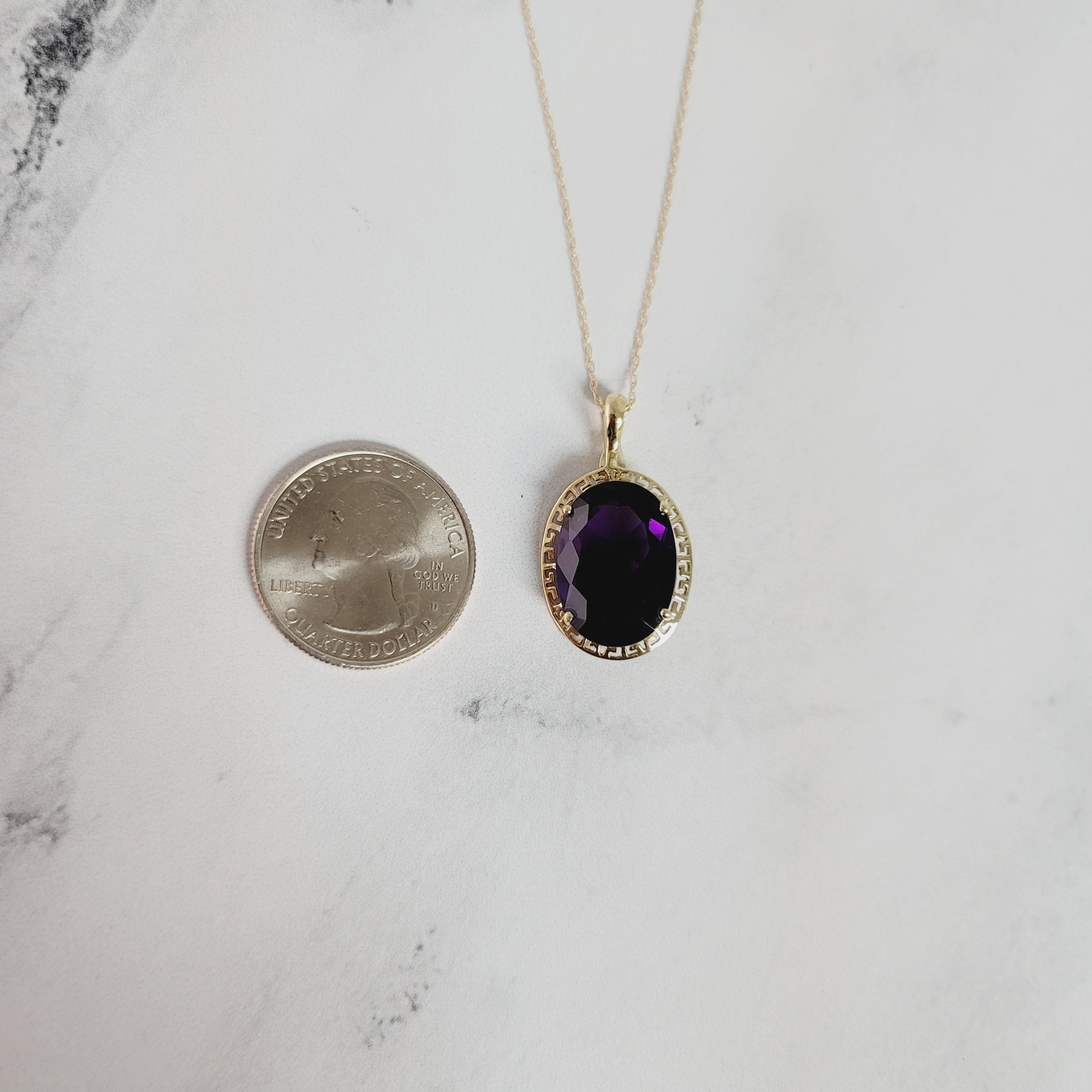 Large Oval Amethyst Necklace with Greek Key Bezel 14k Yellow Gold