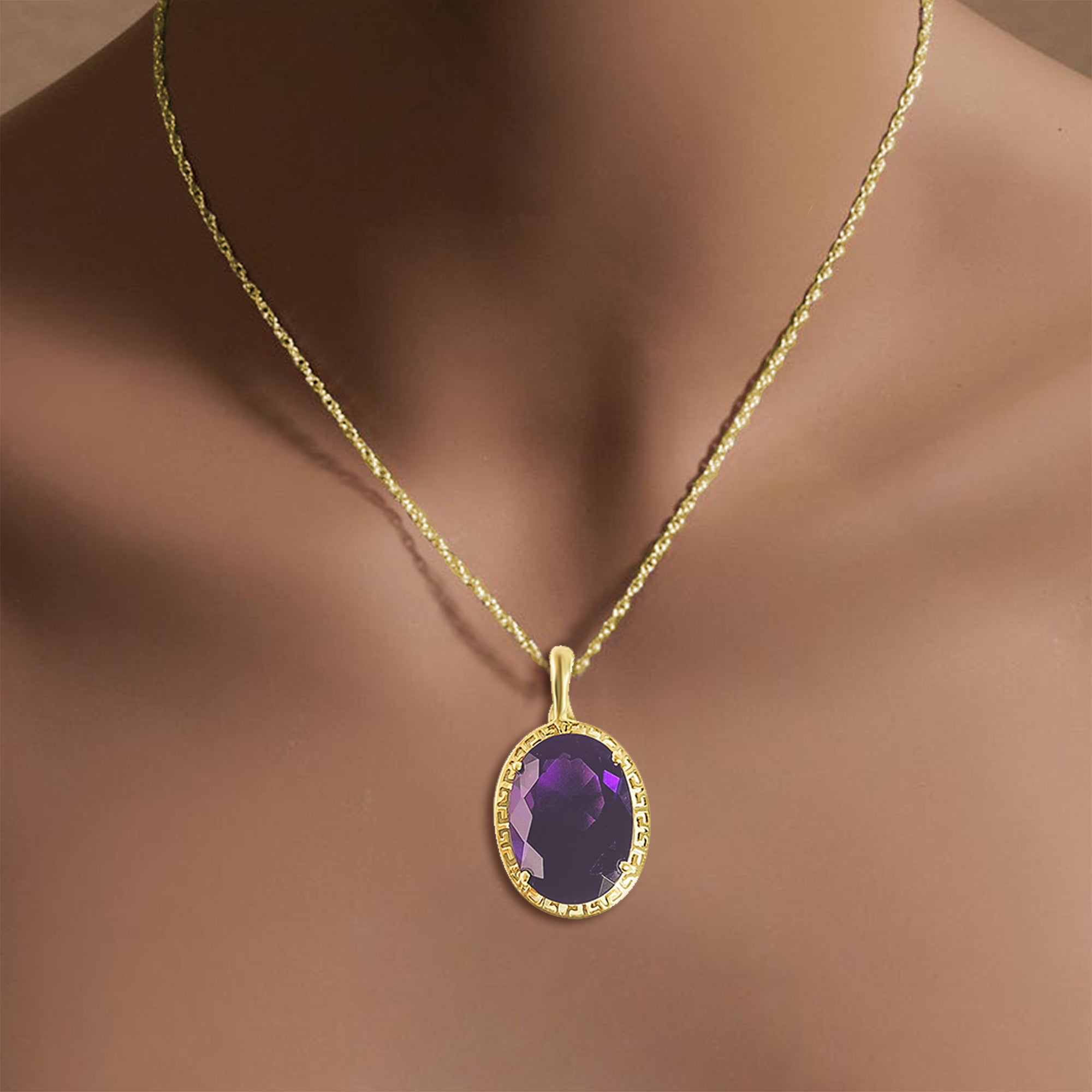 Large Oval Amethyst Necklace with Greek Key Bezel 14k Yellow Gold