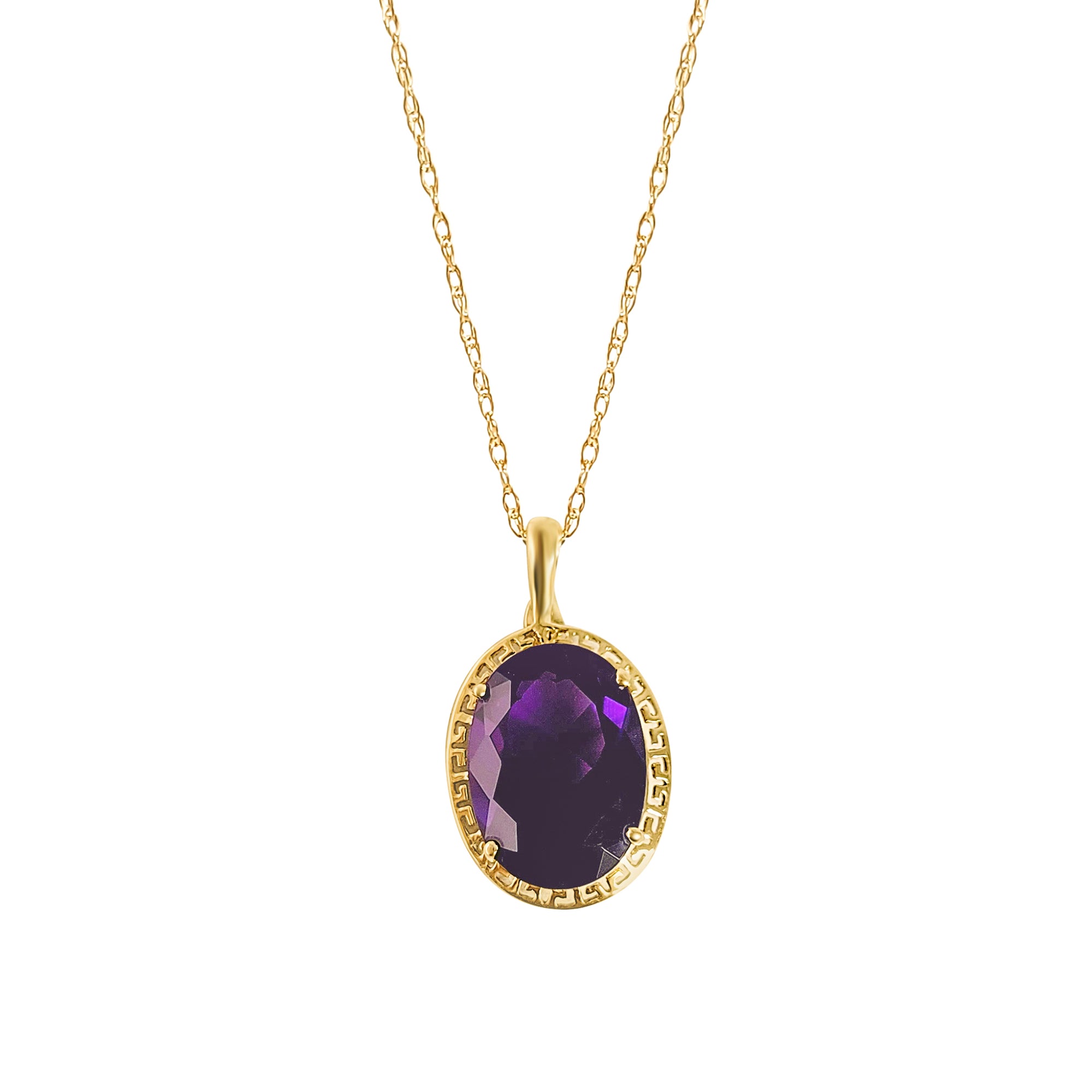 Large Oval Amethyst Necklace with Greek Key Bezel 14k Yellow Gold