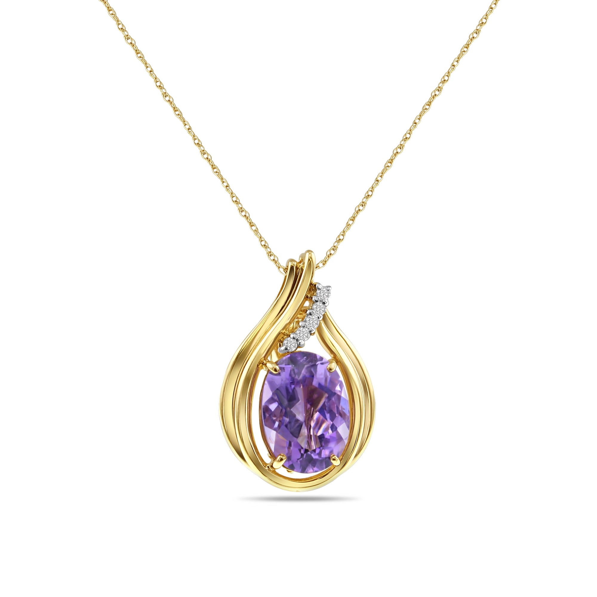 Teardrop Oval Amethyst Necklace with Diamond Accents 14k Yellow Gold